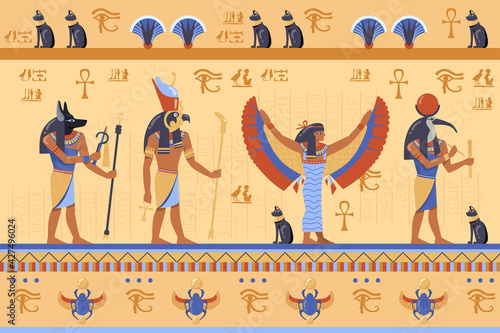 Egyptian deities on ancient bas relief with hieroglyphs. Cartoon vector illustration. Horus, Thoth, Anubis, Maat Gods, scarab, symbols, hieroglyphics. Ancient Egypt, history, art, culture concept
