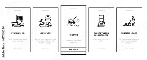 Lawn Mower Equipment Onboarding Mobile App Page Screen Vector. Electrical, Gasoline And Smart Automatical Lawn Mower Garden Machine For Cutting Grass Illustrations