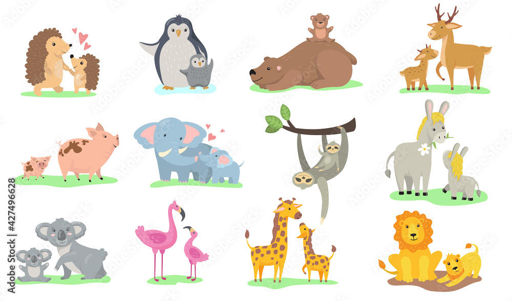 Fototapeta premium Bright little animals with their moms flat pictures collection. Cartoon cute penguin, elephant, giraffe with parent isolated vector illustrations. Family and wild animals concept