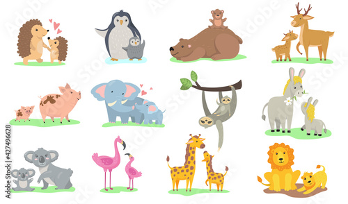 Bright little animals with their moms flat pictures collection. Cartoon cute penguin, elephant, giraffe with parent isolated vector illustrations. Family and wild animals concept