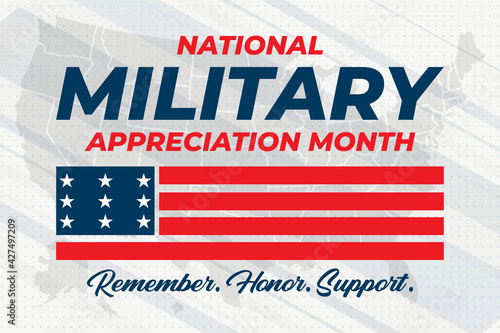 National Military Appreciation Month in May. Celebrated every May and is a declaration that encourages U.S. citizens to observe the month in a symbol of unity. Social media banner design. 