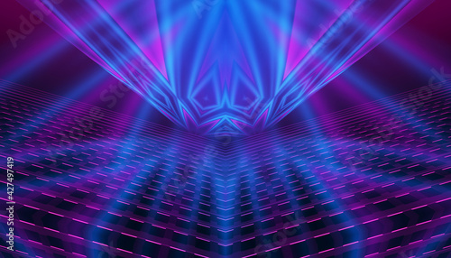 Dark abstract background of empty show stage. Laser show, neon ultraviolet rays, party. 3d illustration