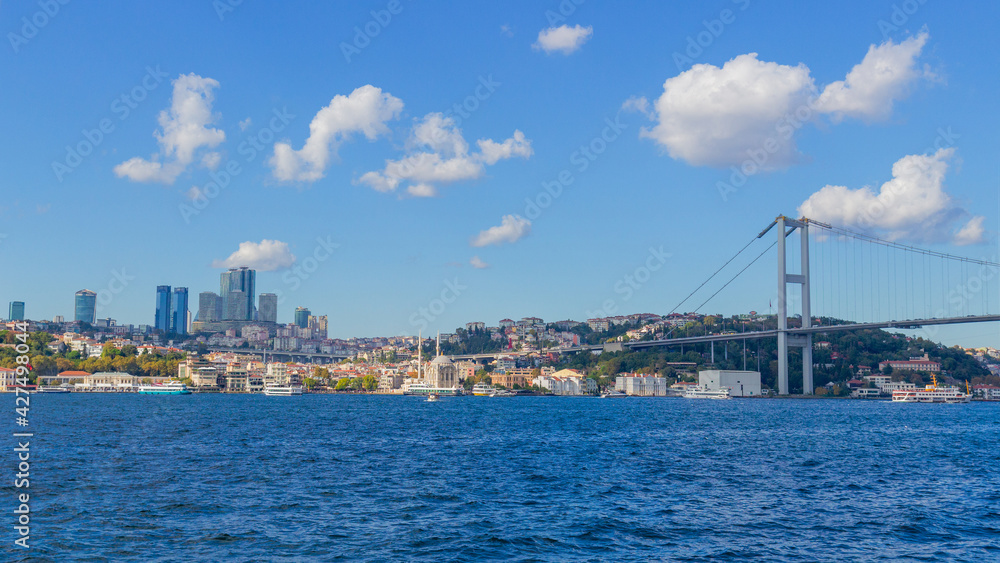 Cityscape of Istanbul from Bosphorus Strait, Turkey. Panoramic view