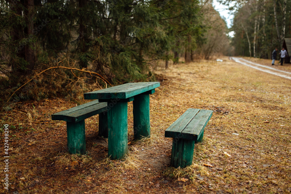 wooden bench on the river bank. a quiet secluded place in a deserted park in the bosom of nature. a place to relax in early spring in a forest park wooden bench on the river bank. a quiet secluded place in a deserted park in the bosom of nature. a place to relax in early spring in a forest park