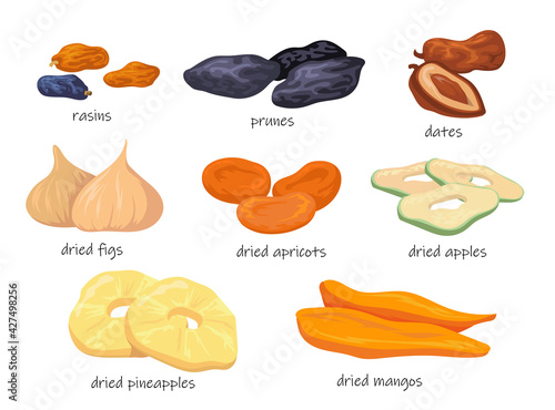 Colorful sweet dry fruit snacks flat pictures for web design. Cartoon dried raisins, prunes, figs, apricots, pineapple isolated vector illustrations. Food and nutrition concept