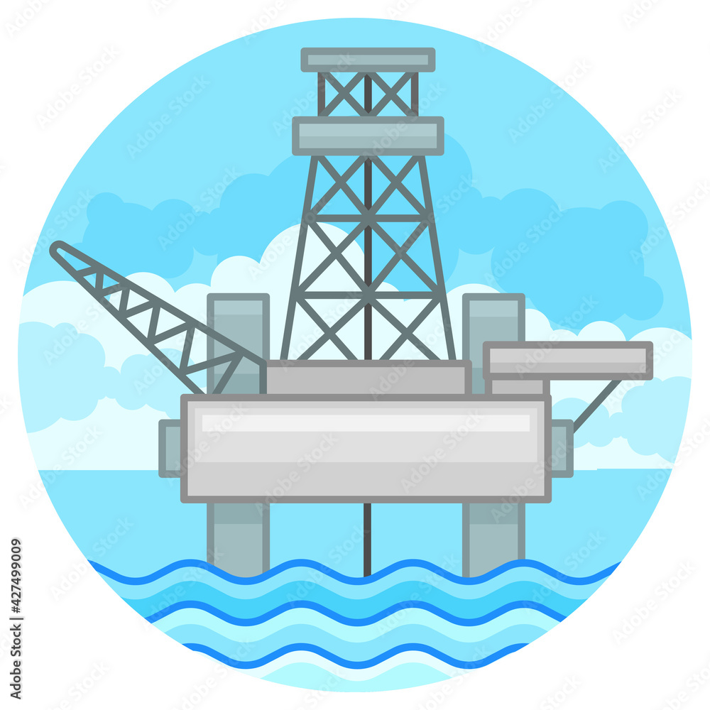 Offshore oil production, drilling rig over water. Vector illustration in flat style