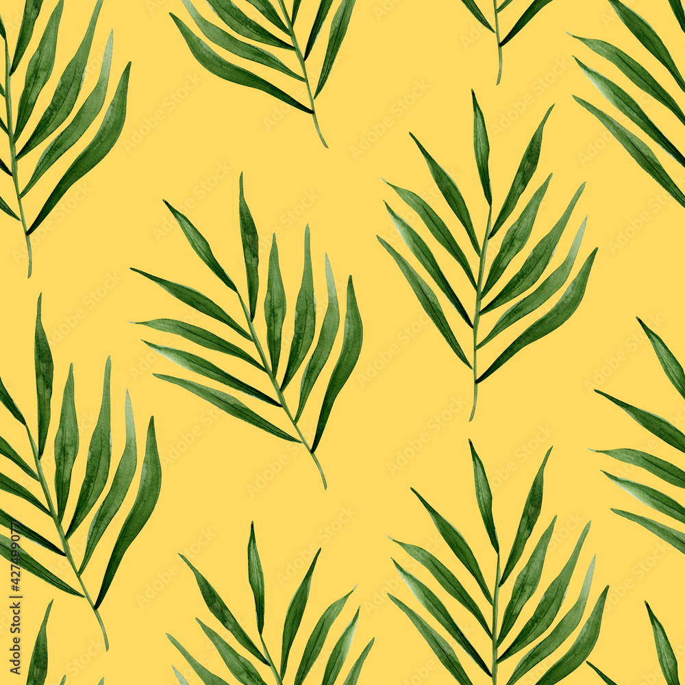 Obraz premium Palm branches on sand watercolor seamless pattern. Template for decorating designs and illustrations.