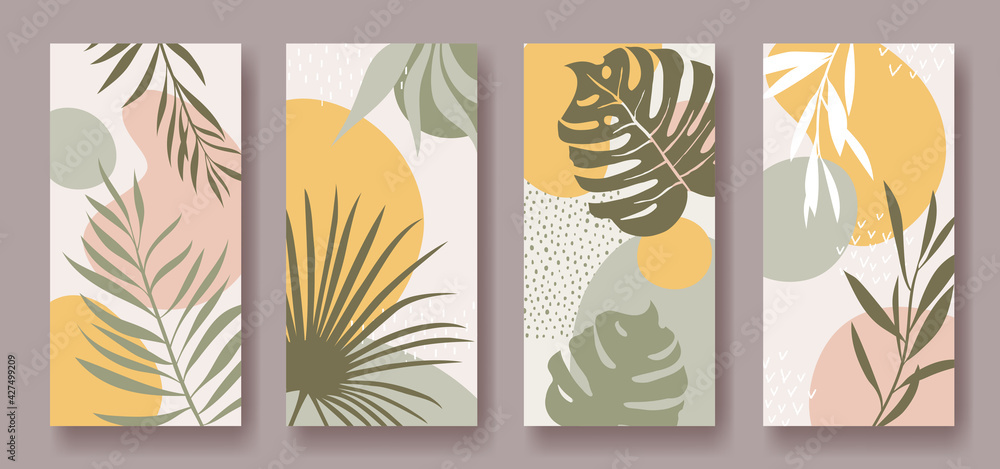 Naklejka Set of vector vertical banners with abstract ornament and leaves