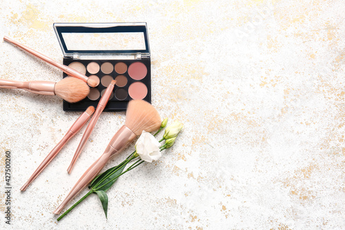 Photography Makeup brushes and eyeshadows palette on light background