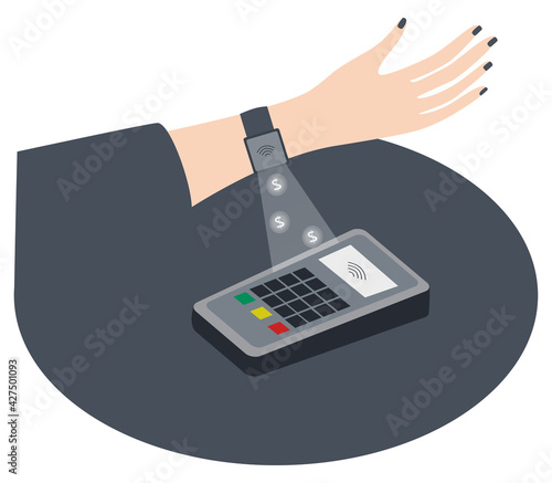 Contactless payment by smart watch. Human using terminal for paying. Isolated vector illustration on white background