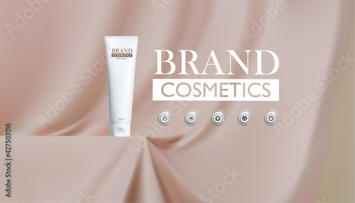 cosmetic product mock up on podium cream color with silk background, Cosmetic packaging mockup design. vector illustration.
