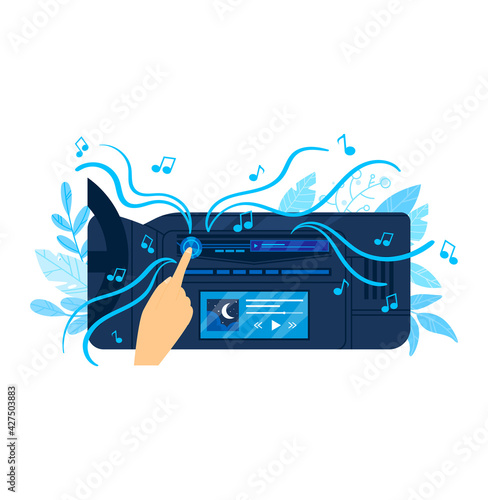 Car auto radio, music car, black modern background, audio stereo sound, player vehicle, design, cartoon style vector illustration.