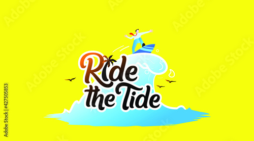 Logo Summer travel vacation logos. men ride the tide of Sea. winner concept, resort, sun, mountains, palm tree and waves.