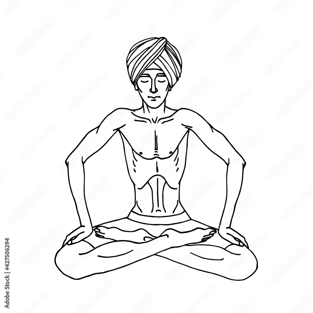 sitting young yogi in lotus position does belly vacuum and muscle wave, vector illustration with black ink contour lines isolated on a white background in cartoon and hand drawn style sitting young yogi in lotus position does belly vacuum and muscle wave, vector illustration with black ink contour lines isolated on a white background in cartoon and hand drawn style