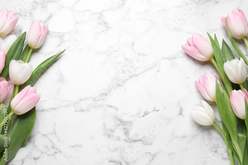 Beautiful tulips  on white marble table, flat lay. Space for text #427506299