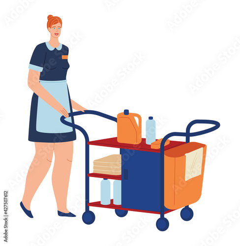 Lady cleaning, hotel maid woman, isolated on white, professional service uniform, design, cartoon style vector illustration.