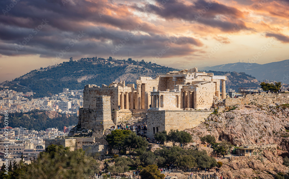 Naklejka premium Acropolis propylaea gate and monument Agrippa view from Philopappos Hill. Athens, Greece..
