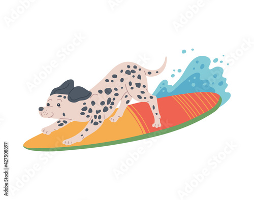 Surfing on a wave Dalmatian dog, flat vector illustration isolated on white.