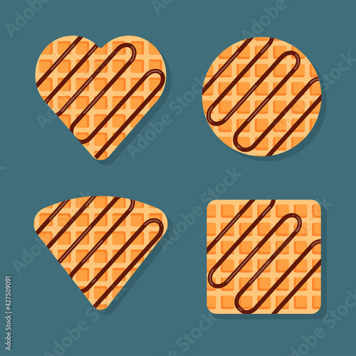 Viennese or belgian waffles in different shapes with chocolate topping. Vector food illustration in trendy flat style isolated.
