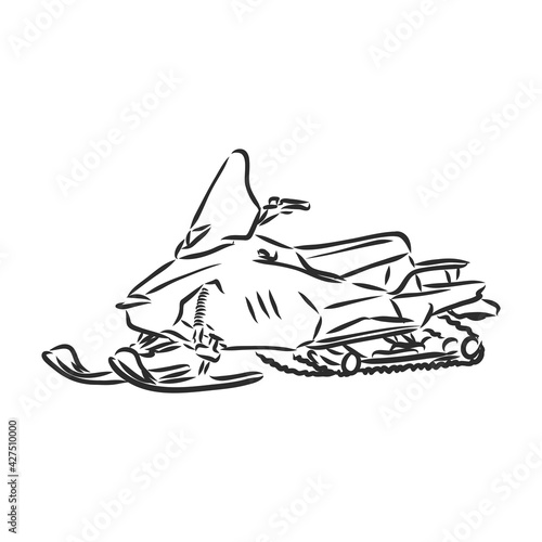 isolated illustration of a rider on a snow scooter , black and white drawing, white background