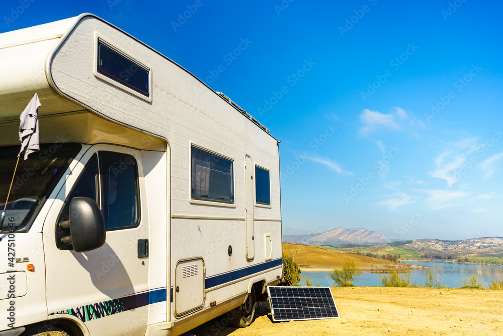 Solar photovoltaic panel at caravan - obrazy, fototapety, plakaty 