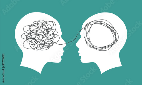 Psychotherapy concept. Abstract metaphor of problem solving or difficult situation. Tangle tangled and unraveled in people head. Simplification streamlining process. Vector illustration isolated.