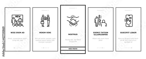Introduction Speech Onboarding Mobile App Page Screen Vector. New Product And Business Case Presentation, Employee And Artificial Intelligence Introduction Illustrations
