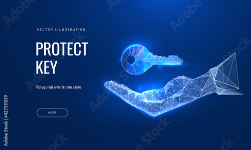 Digital key in hand in futuristic polygonal style. Property or privacy insurance concept. Vector abstract illustration, glowing hologram