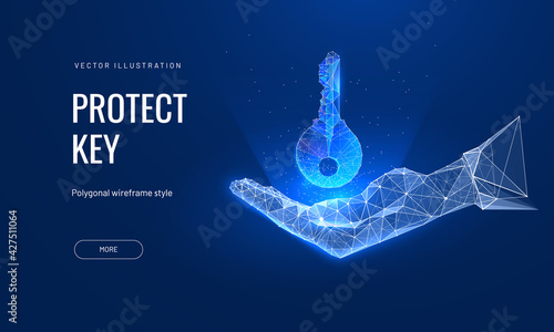 Digital key in hand in futuristic polygonal style. Privacy concept or problem solving. Vector abstract illustration, glowing hologram