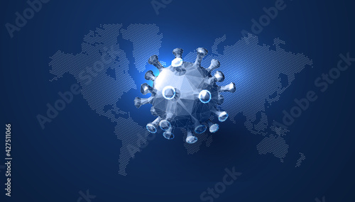 World map and virus in futuristic polygonal style. Vector illustration of a coronavirus cell on a blue background