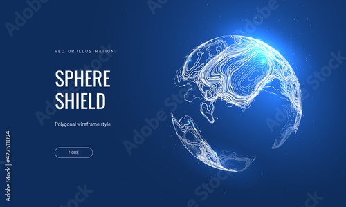 Futuristic sphere vector illustration on a blue background. Bubble topographic shield in an abstract glowing style. Dome in the form of lines