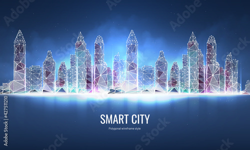 Futuristic smart city vector illustration isolated on blue background, concept of technological innovative metropolis. Skyscrapers in frame polygonal style at night in the clouds