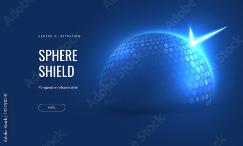 Dome shield geometric vector illustration on a blue background. Bubble shield futuristic for protection in an abstract glowing style. Landing page and cover in tech style