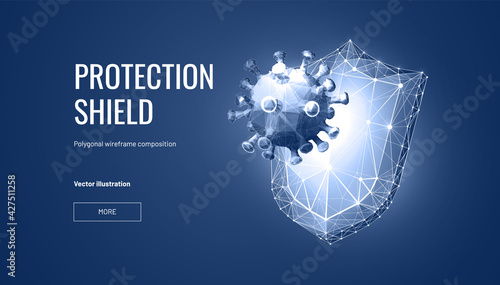 Shield virus protection in futuristic style for landing page. Digital cyber shield protects immunity from viruses