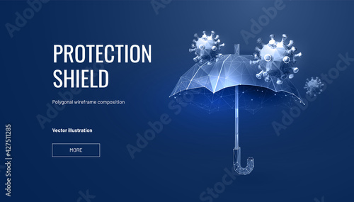 Virus insurance in futuristic polygonal style. Umbrella as a shield from germs and viruses, vector illustration isolated on a blue background