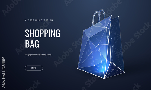 Package low poly landing page template. Shopping and gift wrapping web banner. Cardboard bag polygonal illustration. Paper industry product, merchandise advertisement art homepage design layout