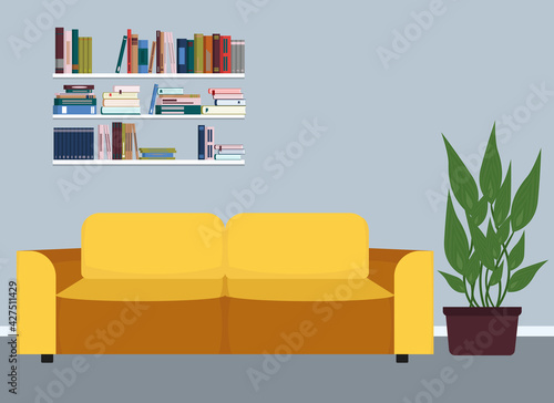 Living room interior with yellow sofa, bookshelves and plant