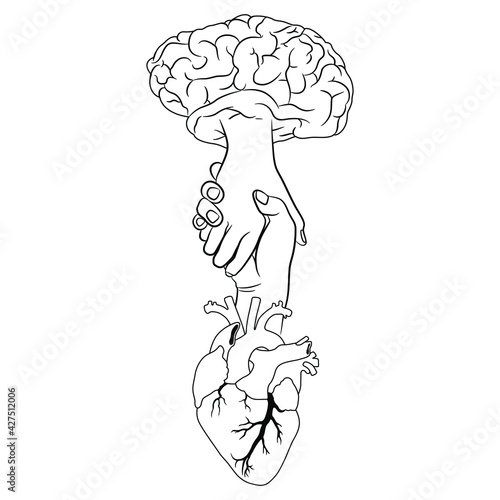 Human brain and heart shaking hands. Link between mind and emotions. Creative concept. Black and white linear silhouette.