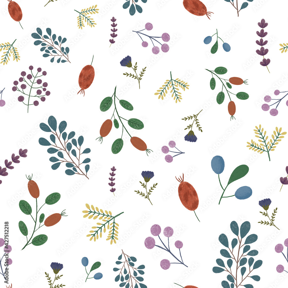 Fototapeta premium beautiful seamless pattern with wildflowers berries and branches drawn with colored pencils