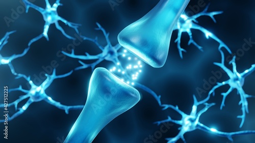 Print op canvas Synaps with neurons in the background, neurotransmitters in synaptic junction, i