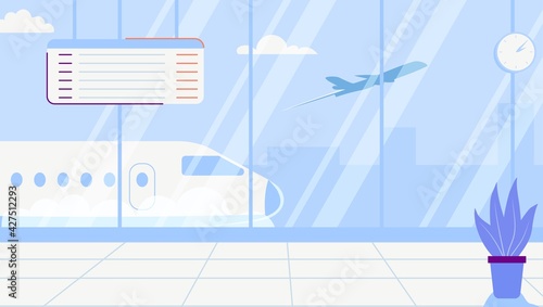 Empty airport terminal lounge with airplane on background Interior waiting hall departure Lounge modern terminal Concept flat vector illustration