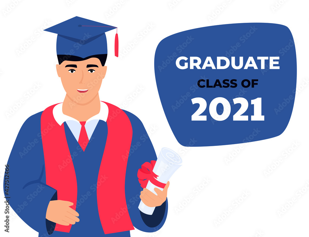 Graduation class of 2021. Invitation to the virtual ceremony. Greeting banner. A graduate in a mantle and a mortarboard holds a diploma in his hand. Graduation class of 2021. Invitation to the virtual ceremony. Greeting banner. A graduate in a mantle and a mortarboard holds a diploma in his hand.