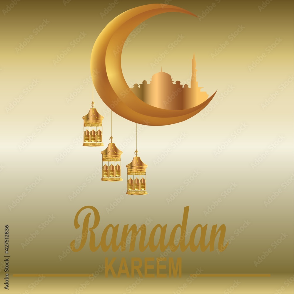  Ramadan Kareem background with golden lamp and Moon.