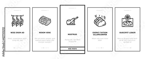 Meat Factory Product Onboarding Mobile App Page Screen Vector. Beef And Pork, Chicken And Rabbit Meat, Smoked And Dried Sausage And Ham Manufacturing Illustrations