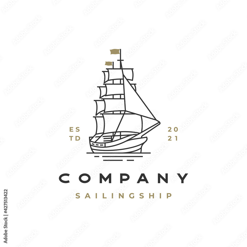 Vintage Retro Line art Sailing Ship Logo Design