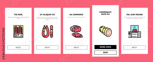 Meat Factory Product Onboarding Mobile App Page Screen Vector. Beef And Pork, Chicken And Rabbit Meat, Smoked And Dried Sausage And Ham Manufacturing Illustrations