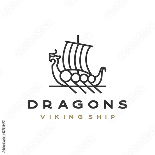 Line art Viking Ship Logo Design Vector