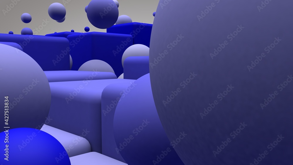Fototapeta premium Diseño abstracto de esferas y cubos. Ilustración geométrica tridimensional. Escena 3d minimalista con degradado. Modelo realista