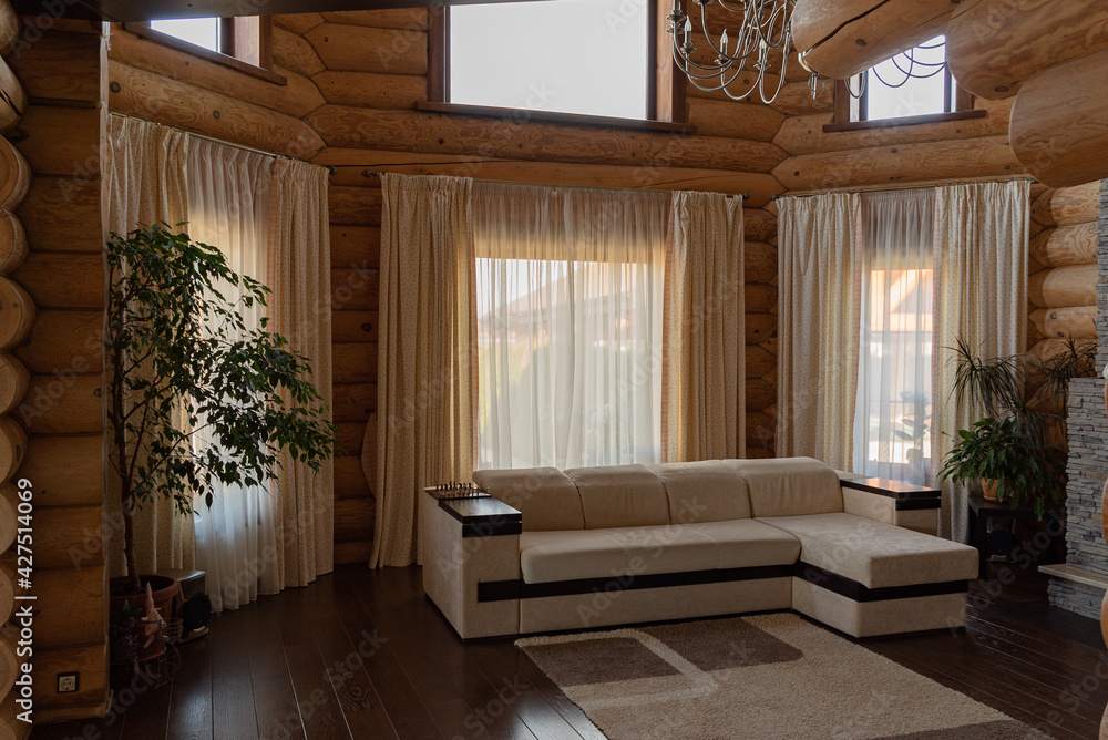 interior in country style living room in a wooden house made of solid timber