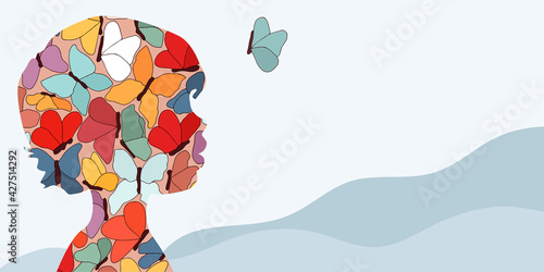 Autism syndrome concept. Puzzle of butterflies that forms a child's head in profile. Learning support and education. Neurological Disease. Mind and brain.Conceptual. Banner copy space